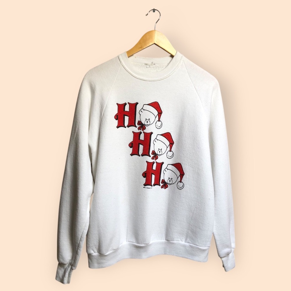 Vintage 80s Christmas Holiday Ho Ho Ho Santa Bears Crewneck Sweatshirt White M/L